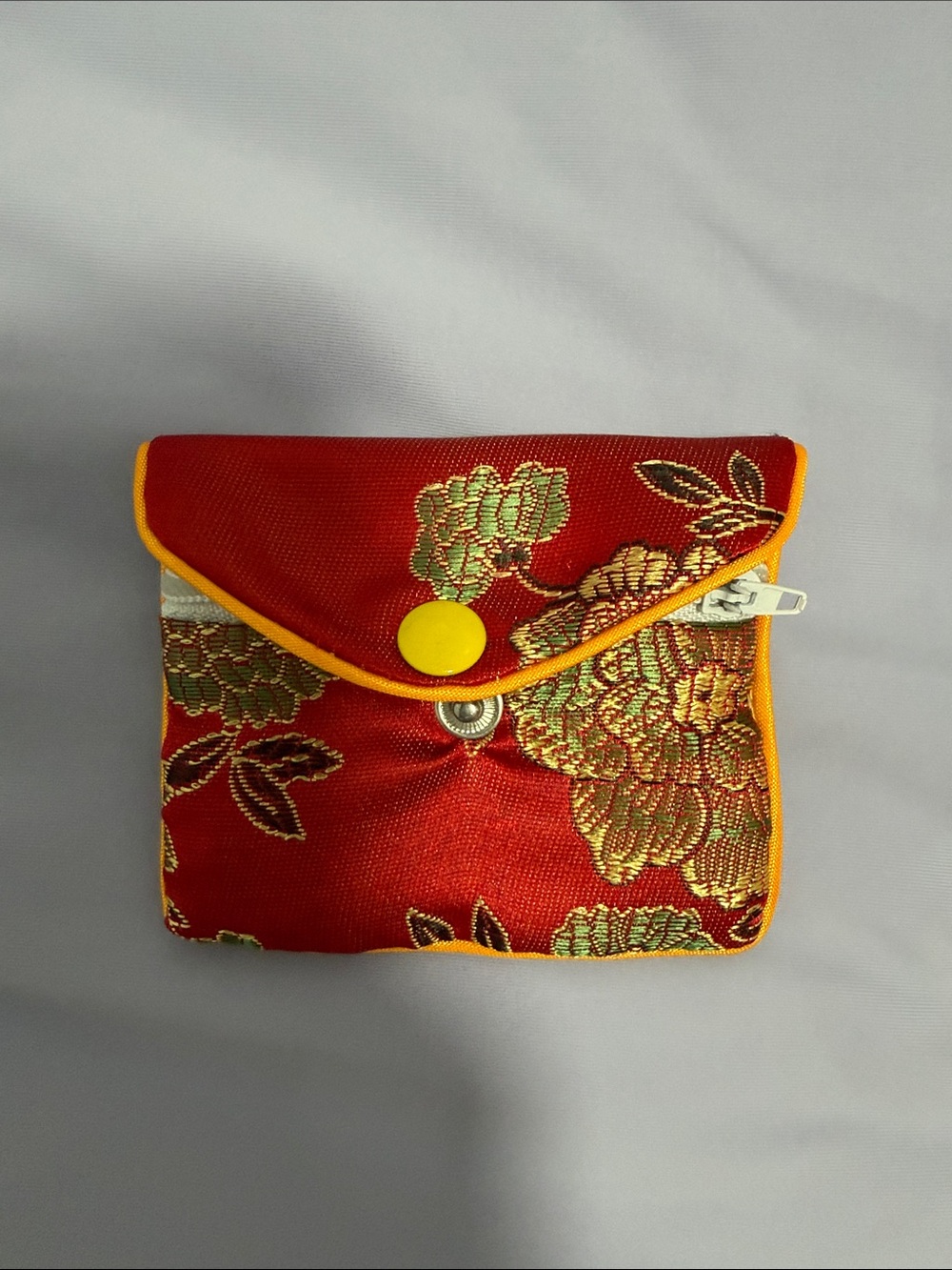 Red Floral Satin Envelope Jewelry Travel Pouch with Embroidered Flower Pattern